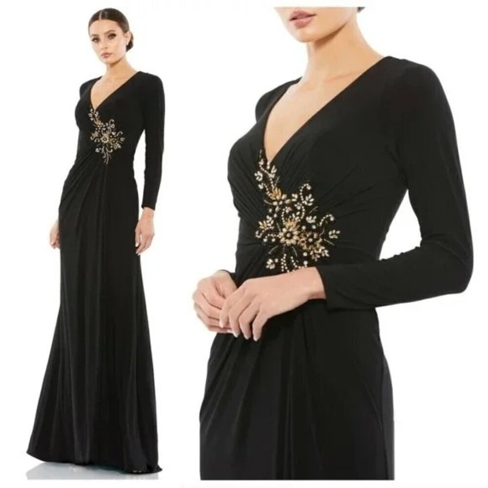 Mac Duggal Black Maxi Gown with Gold Embellishment